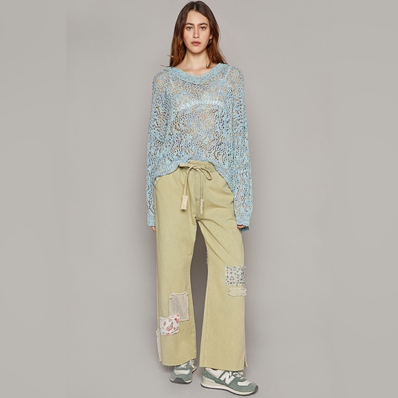 Ribbed Hem V-Neck Wide Sleeve Crochet Sweater - POL - Picture 5 of 5